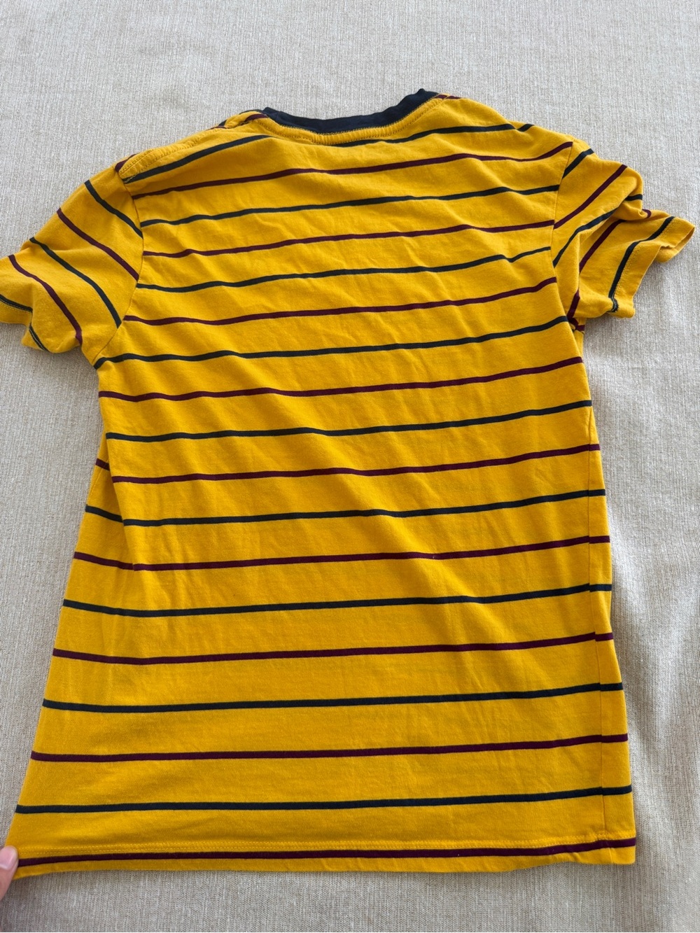 GUESS Yellow Crewneck T-Shirt with Navy and Burgundy Stripes - Picture 3 of 3